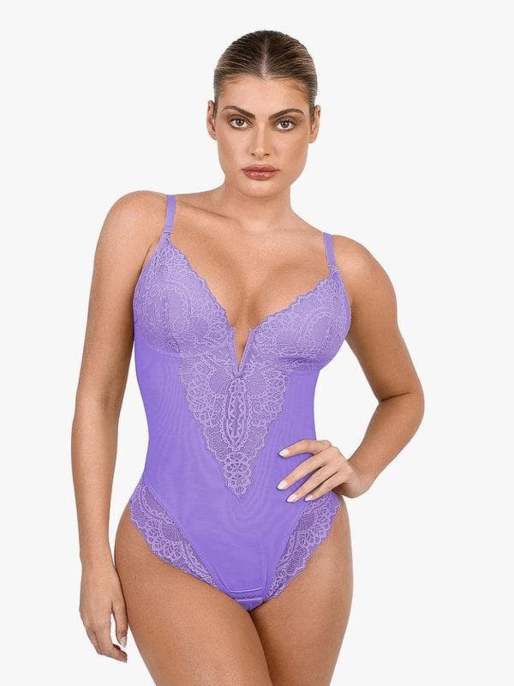 Popilush Shapewear Lace Deep V-Neck Sculpting Thong Bodysuit Purple Large 4XL